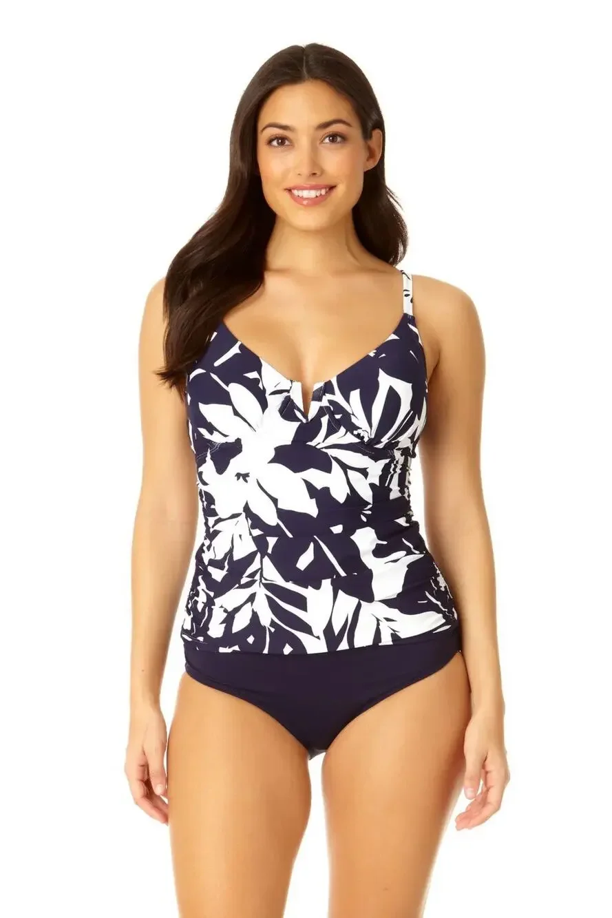 Anne Cole V-Wire Navy White Tropical Palm Print Tankini Swim Top 36DD/38D